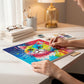 Mellow Monkey Mini Diamond Painting kit featuring a colorful abstract pop art cat portrait on a 10"x10" canvas.