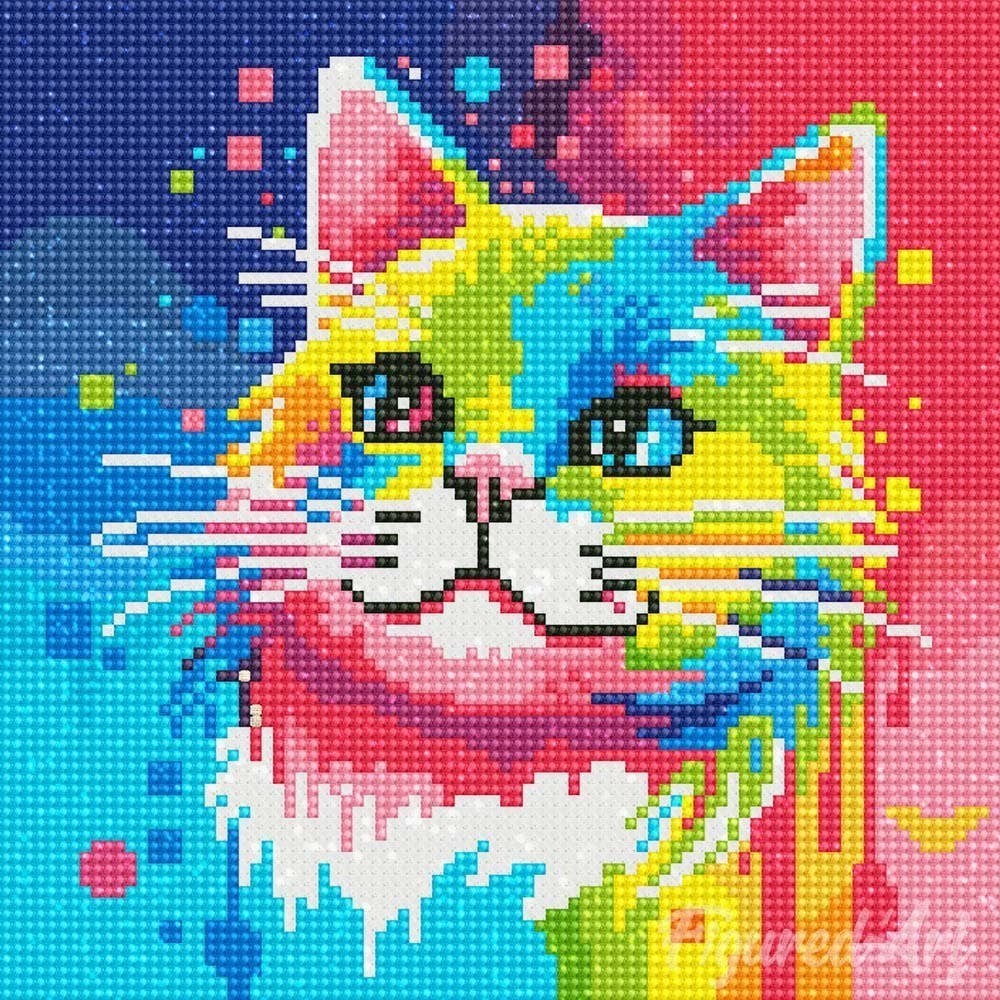 Mellow Monkey abstract pop art cat diamond painting kit, 10"x10", colorful rhinestones on canvas.