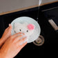 Mellow Monkey Pearl & Moki cat-shaped dish scrubbers with pink bows, white and taupe, set of 2.