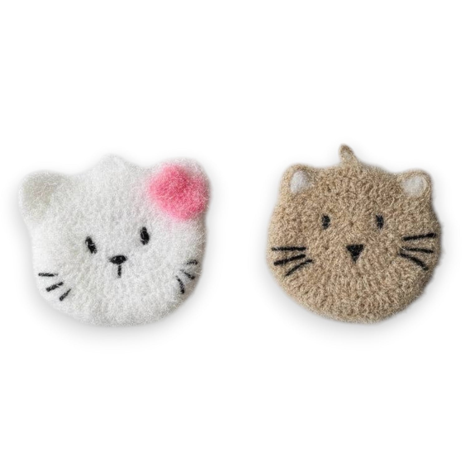 Mellow Monkey Pearl & Moki scrubby set: white cat with pink bow and taupe cat dish scrubbers. Set of 2.
