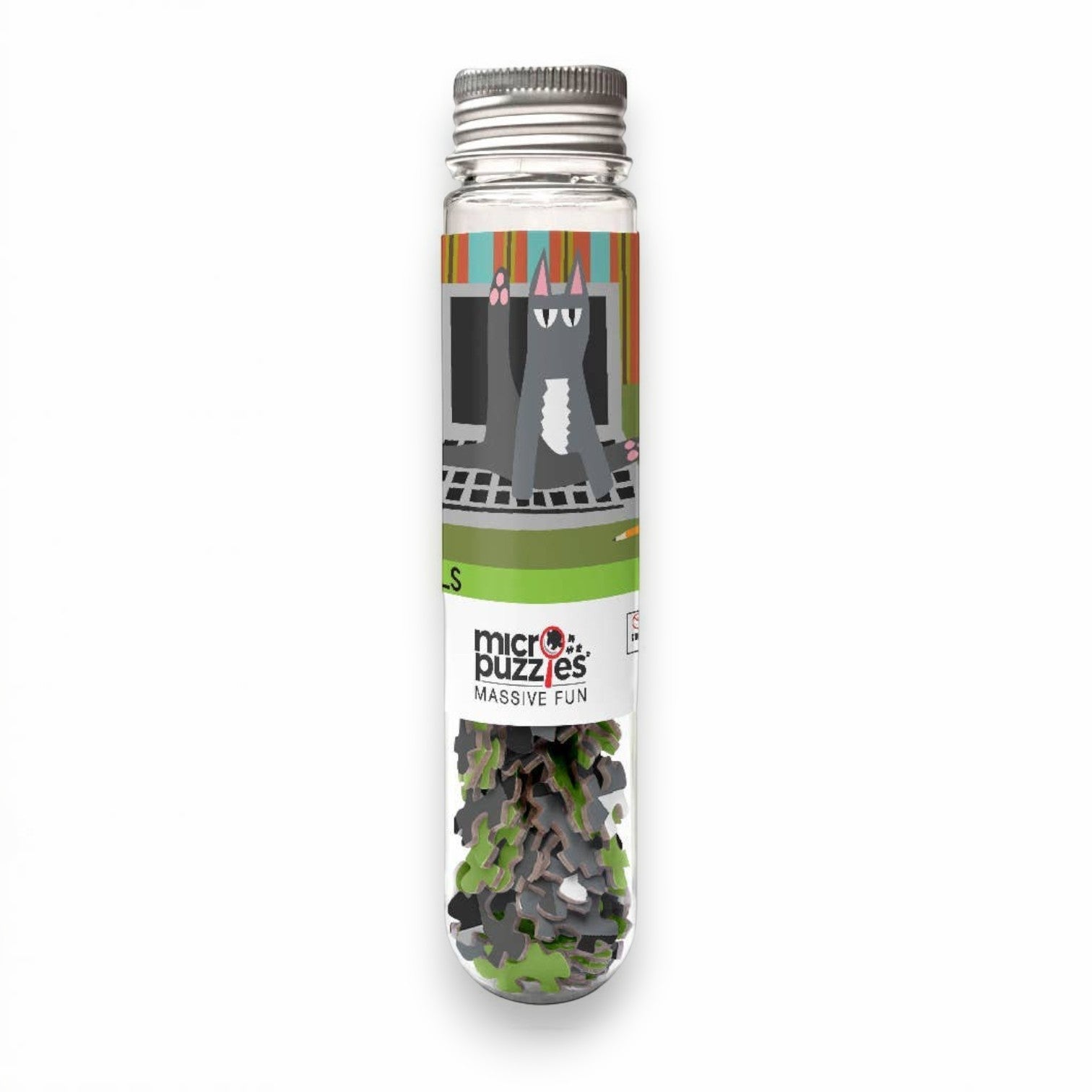Mellow Monkey Cat on Keyboard Micro Puzzle, 150 pieces, 4" x 6" finished size, in a test tube.