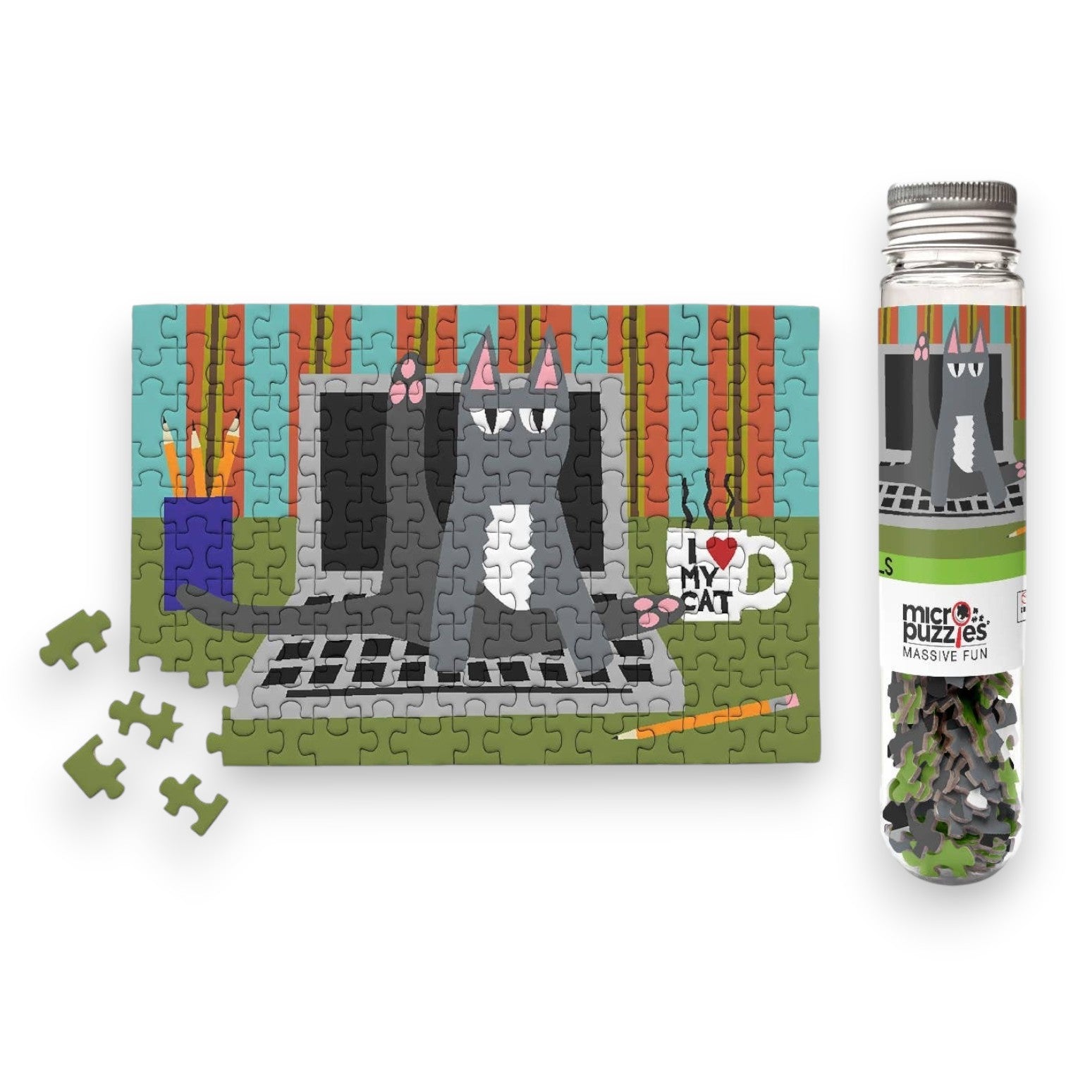 Mellow Monkey Cat on Keyboard Micro Puzzle, 150 pieces, 4" x 6" finished size, comes in a test tube.