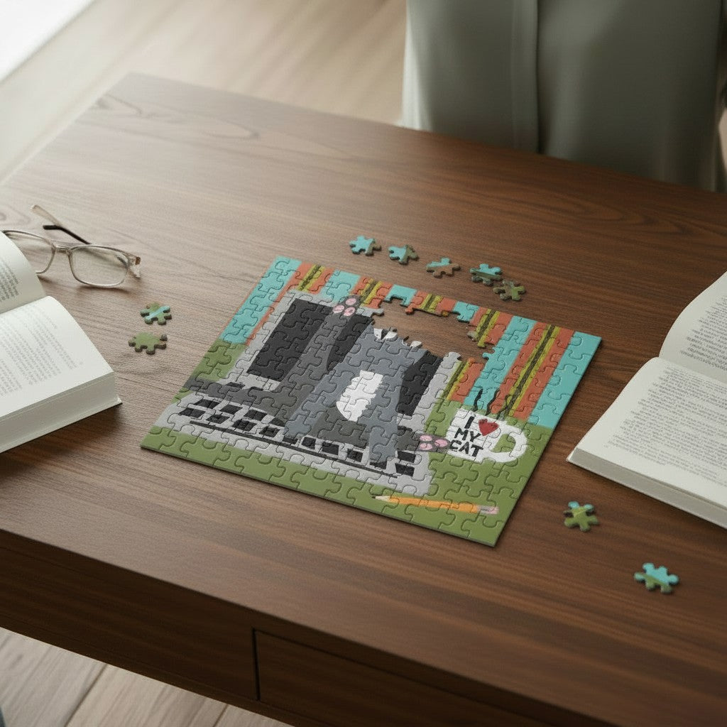 Mellow Monkey Cat on Keyboard Micro Puzzle, 150 pieces, featuring a gray cat sitting on a keyboard with a mug that says "I Love My Cat".