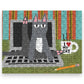 Mellow Monkey Cat on Keyboard Micro Puzzle, 150 pieces, 4x6 inches. Features a grey cat sitting on a laptop keyboard with a mug that says "I Love My Cat".
