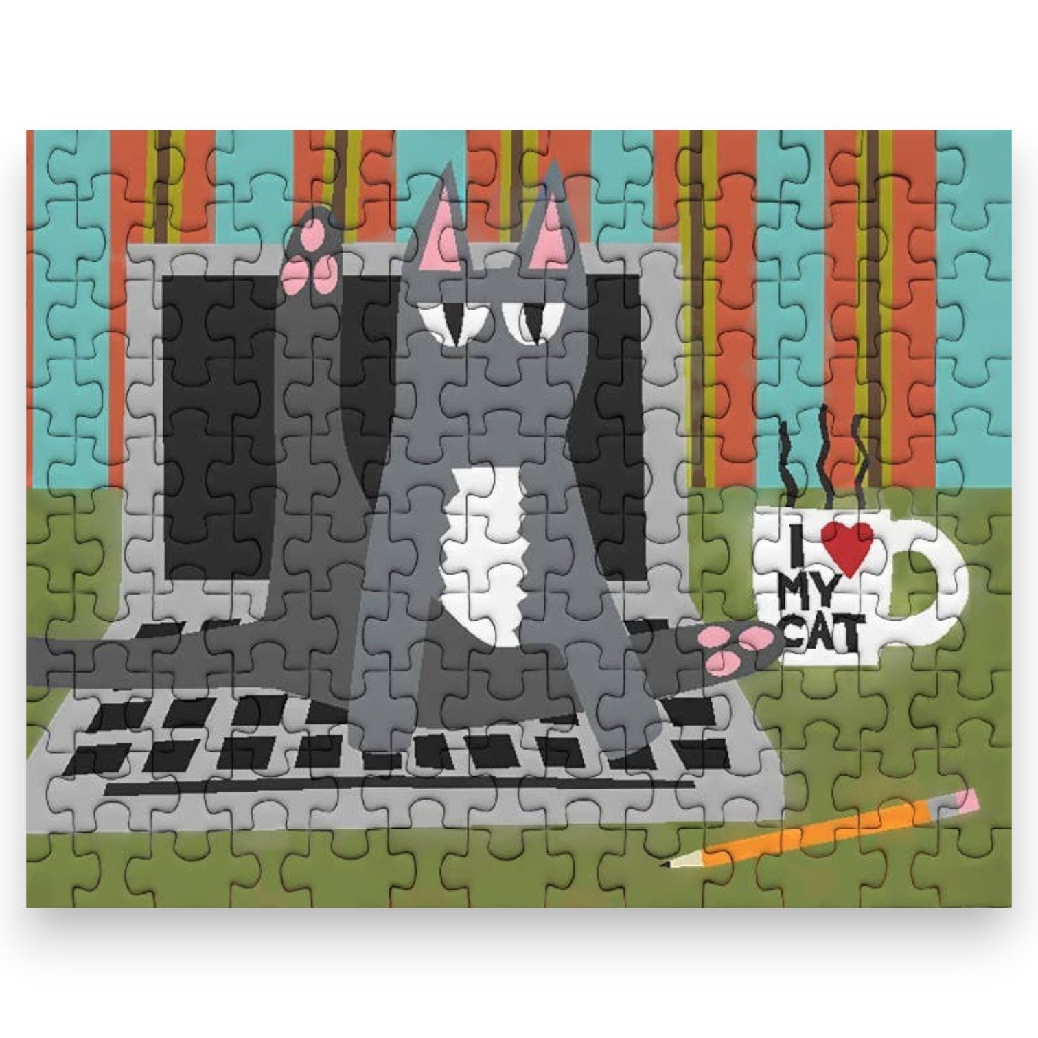 Mellow Monkey Cat on Keyboard Micro Puzzle, 150 pieces, 4x6 inches. Features a grey cat sitting on a laptop keyboard with a mug that says "I Love My Cat".