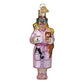 Mellow Monkey Cat Lady ornament, a blown glass figure wearing a pink robe and slippers, holding a mug that says "I love cats" and surrounded by three cats.