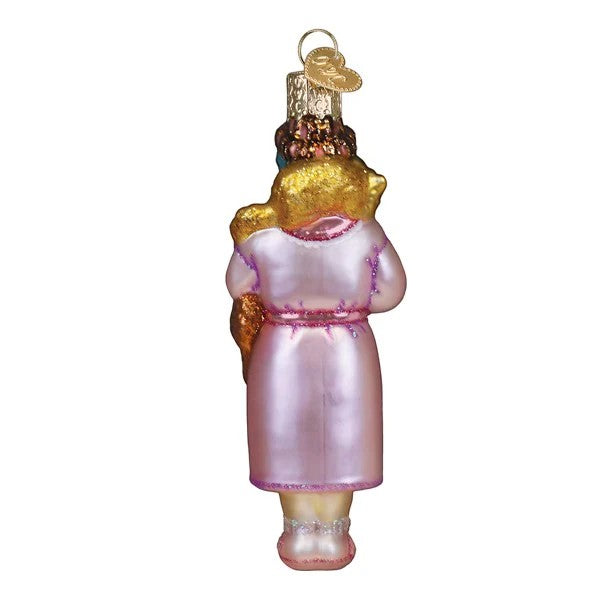Mellow Monkey Cat Lady ornament, a blown glass holiday decoration featuring a woman holding a cat, 5 inches tall.