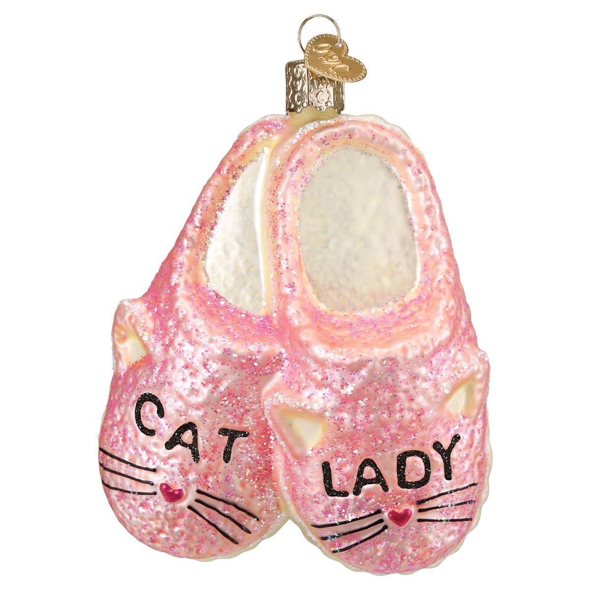 Mellow Monkey pink glitter cat lady slippers blown glass holiday ornament