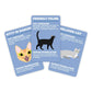 Mellow Monkey How To Speak Cat cards featuring illustrated feline behaviors and human translations on blue backgrounds.