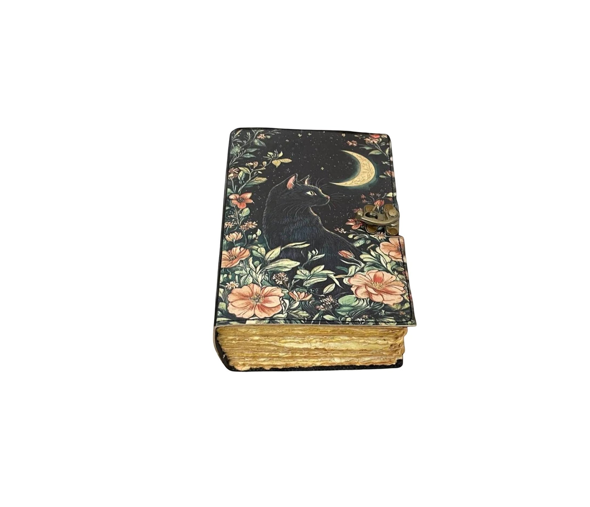 Mellow Monkey Cat and Moon vintage leather spellbook with floral accents and a crescent moon. Features deckle edge paper.