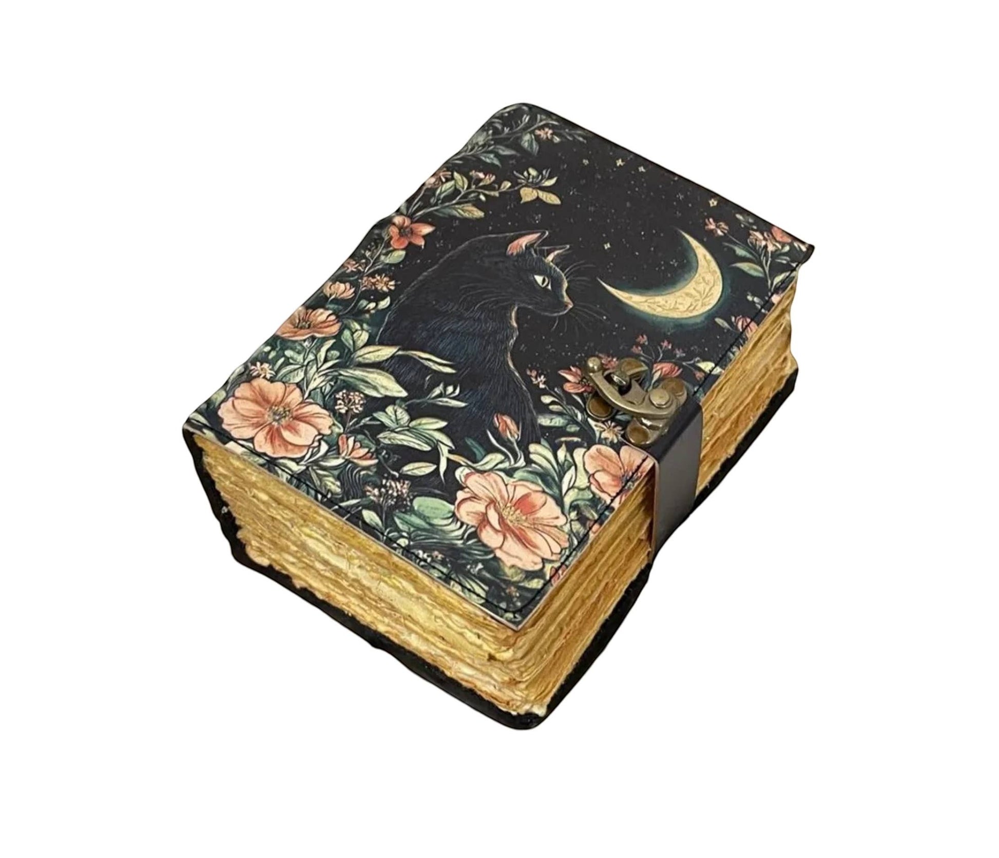 Mellow Monkey Cat and Moon vintage leather spellbook with floral accents and brass clasp. 5x7 inches, 200 pages.
