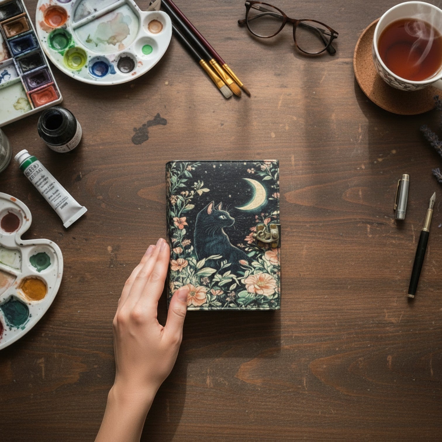 Mellow Monkey Cat and Moon vintage leather spellbook with 200 pages and a black cat illustration.