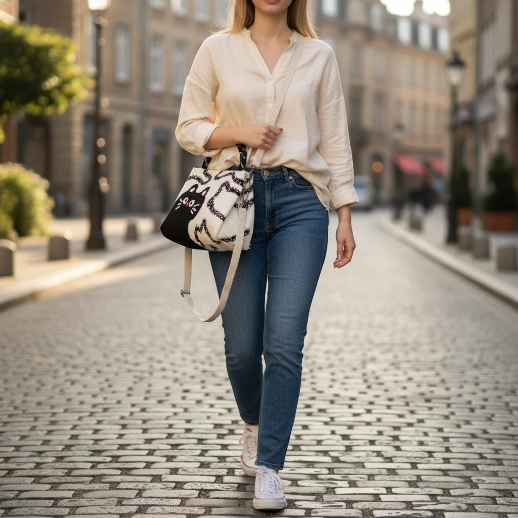 Mellow Monkey 2-piece black and white cat shoulder bag set with top handles and adjustable strap on a woman walking.