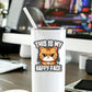 Mellow Monkey waterproof vinyl sticker featuring an angry orange cat with the text This Is My Happy Face on a tumbler