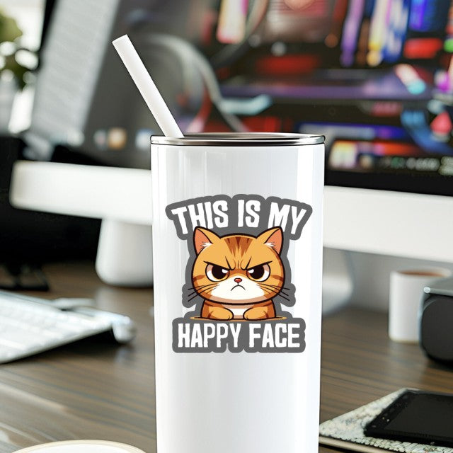 Mellow Monkey waterproof vinyl sticker featuring an angry orange cat with the text This Is My Happy Face on a tumbler