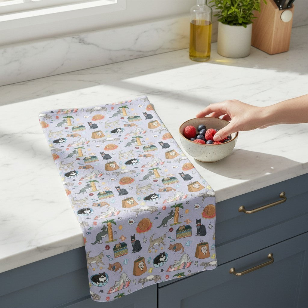 Mellow Monkey lavender dish towel with a cute cat pattern, made from recycled polyester waffle fabric.