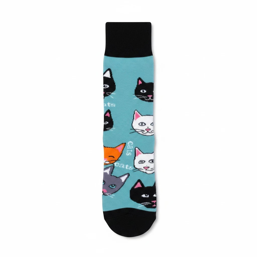 Mellow Monkey light blue crew socks featuring a repeating pattern of colorful cartoon cat faces and the word Cats.