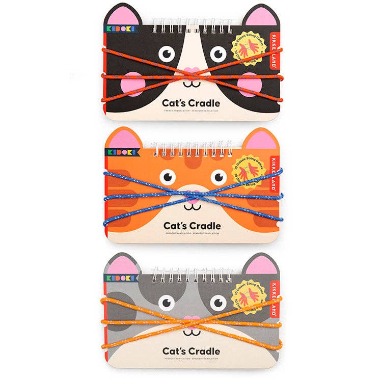 Mellow Monkey Kidoki Cat's Cradle wire-bound string game books featuring three colorful cat-themed designs.