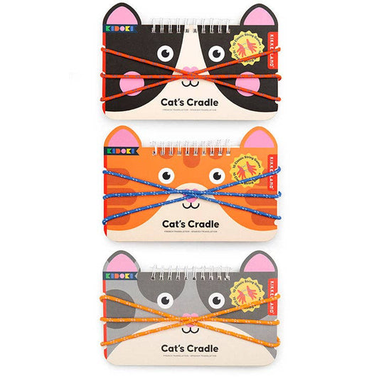 Mellow Monkey Kidoki Cat's Cradle wire-bound string game books featuring three colorful cat-themed designs.