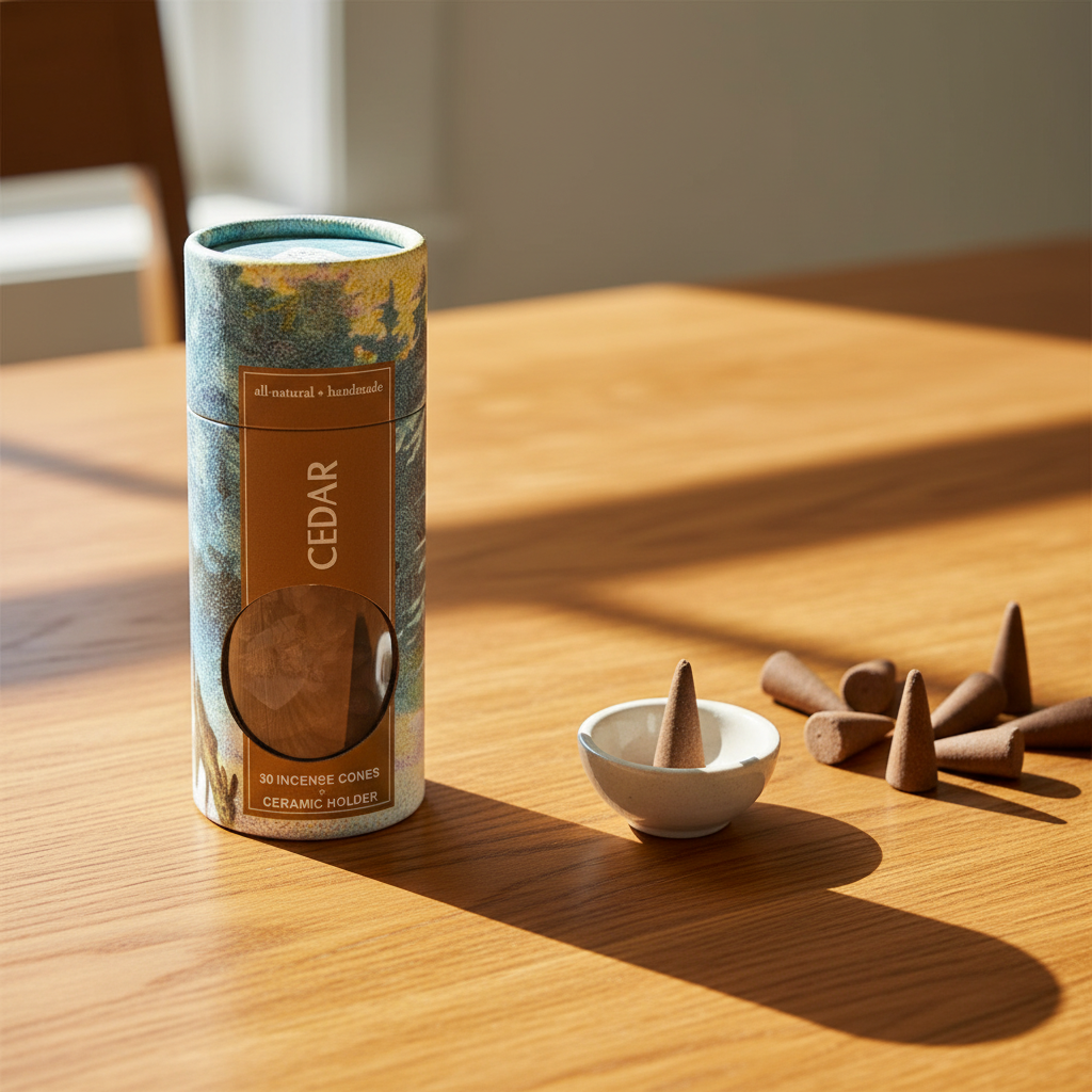Mellow Monkey cedar scented incense cones in a decorative tube with a small white ceramic holder on a wooden table