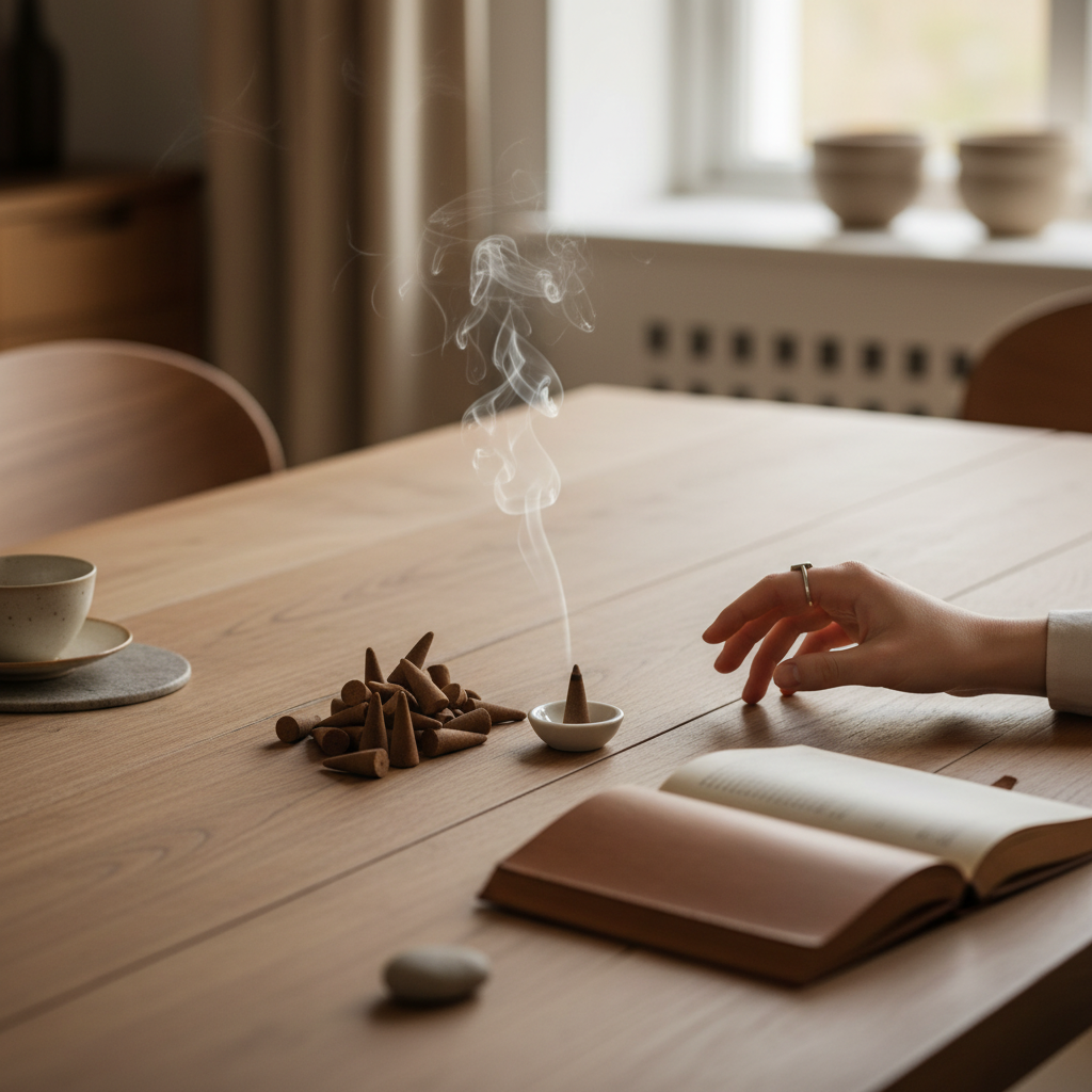 Mellow Monkey cedar scented incense cones with ceramic holder on a wooden table with a hand and open book nearby