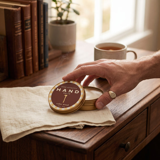 Mellow Monkey Wood Aromatics cedar wood hand salve in a round tin held by a hand on a wooden desk with books and tea.
