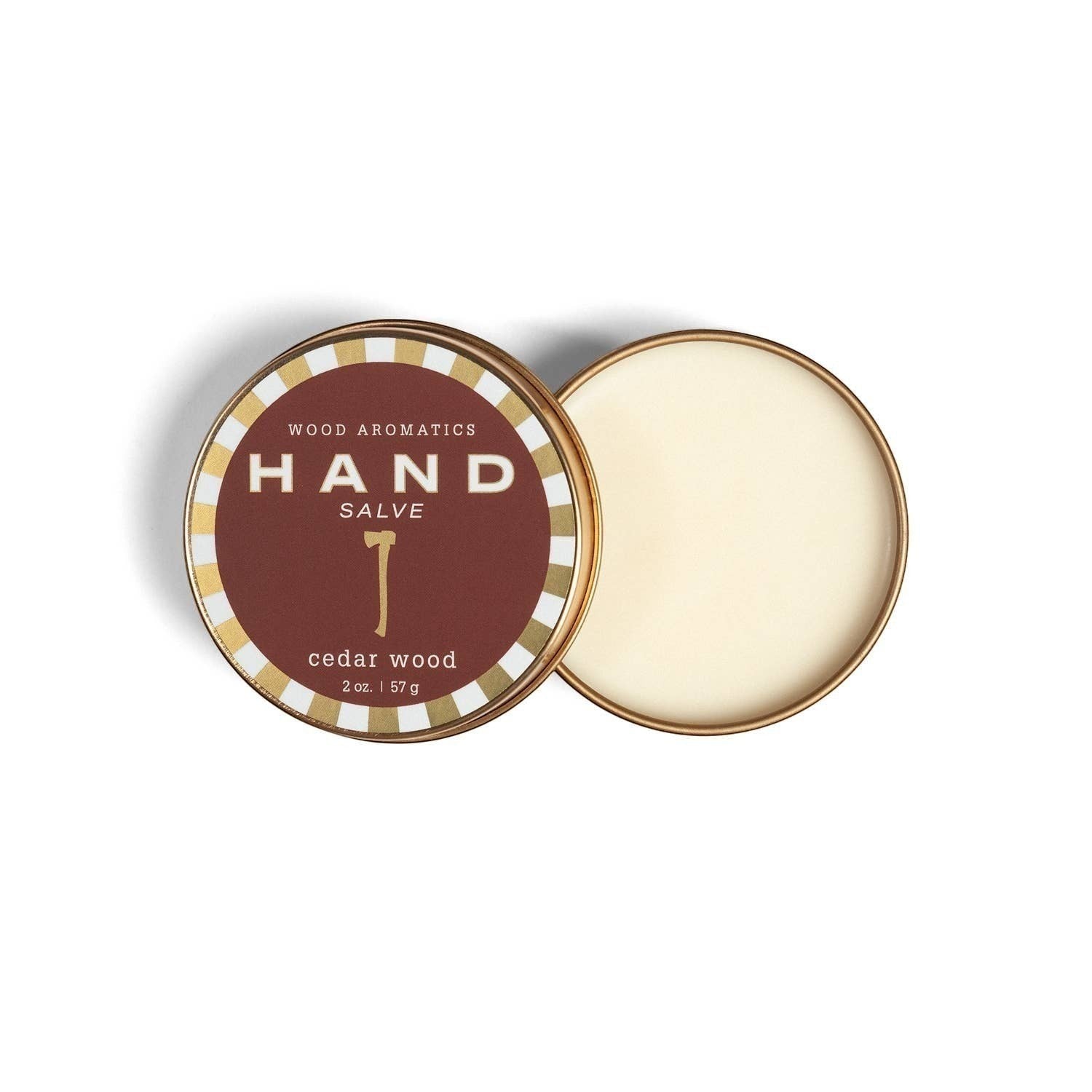 Mellow Monkey Wood Aromatics cedar wood hand salve in a 2 oz round metal tin with a maroon and gold striped lid