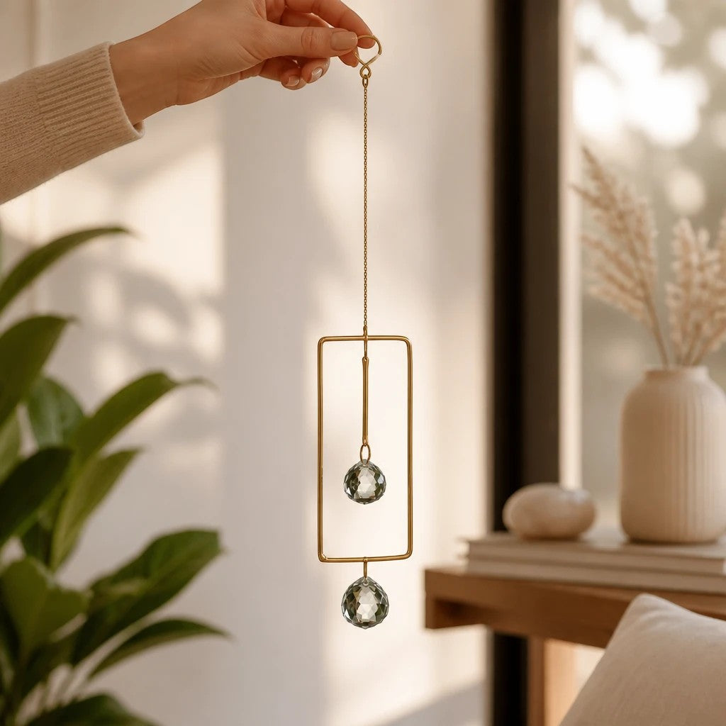 Mellow Monkey celestial suncatcher with bronze wire frame and two hanging crystals held by a hand in a bright room