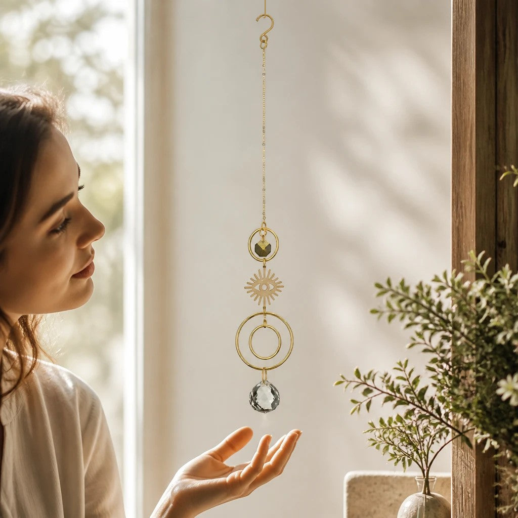Mellow Monkey celestial eye suncatcher with gold chains and hanging crystal prism held by a woman near a window