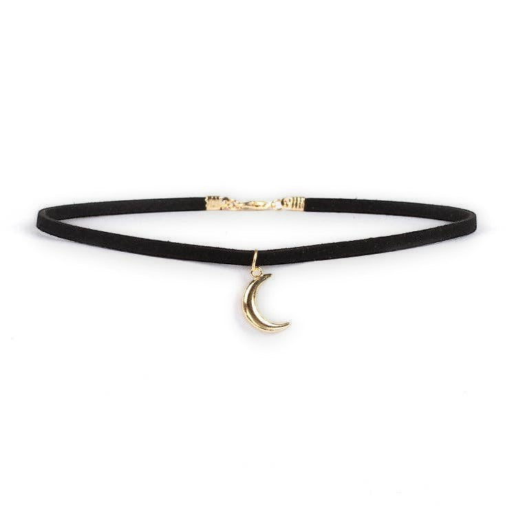 Mellow Monkey black velvet choker necklace with a gold crescent moon charm for a chic celestial style.