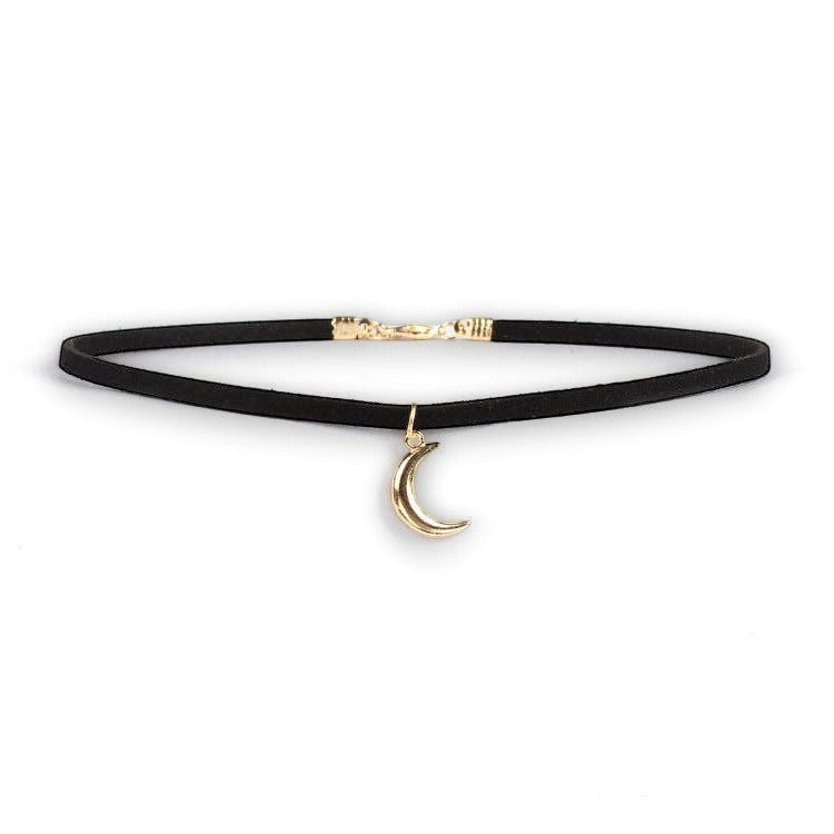 Mellow Monkey black velvet choker necklace featuring a polished gold crescent moon pendant on a delicate chain.