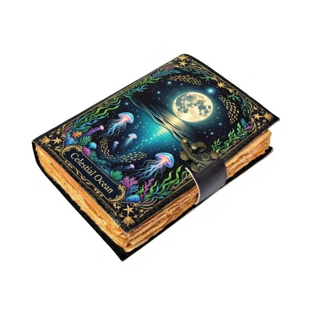 Mellow Monkey Celestial Ocean handmade leather journal with a celestial ocean scene, moon, and jellyfish. 5x7 inches, 200 pages.