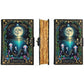 Mellow Monkey Celestial Ocean handmade leather journal with moonlit ocean scene, jellyfish, and brass clasp. 5x7 inches, 200 pages.