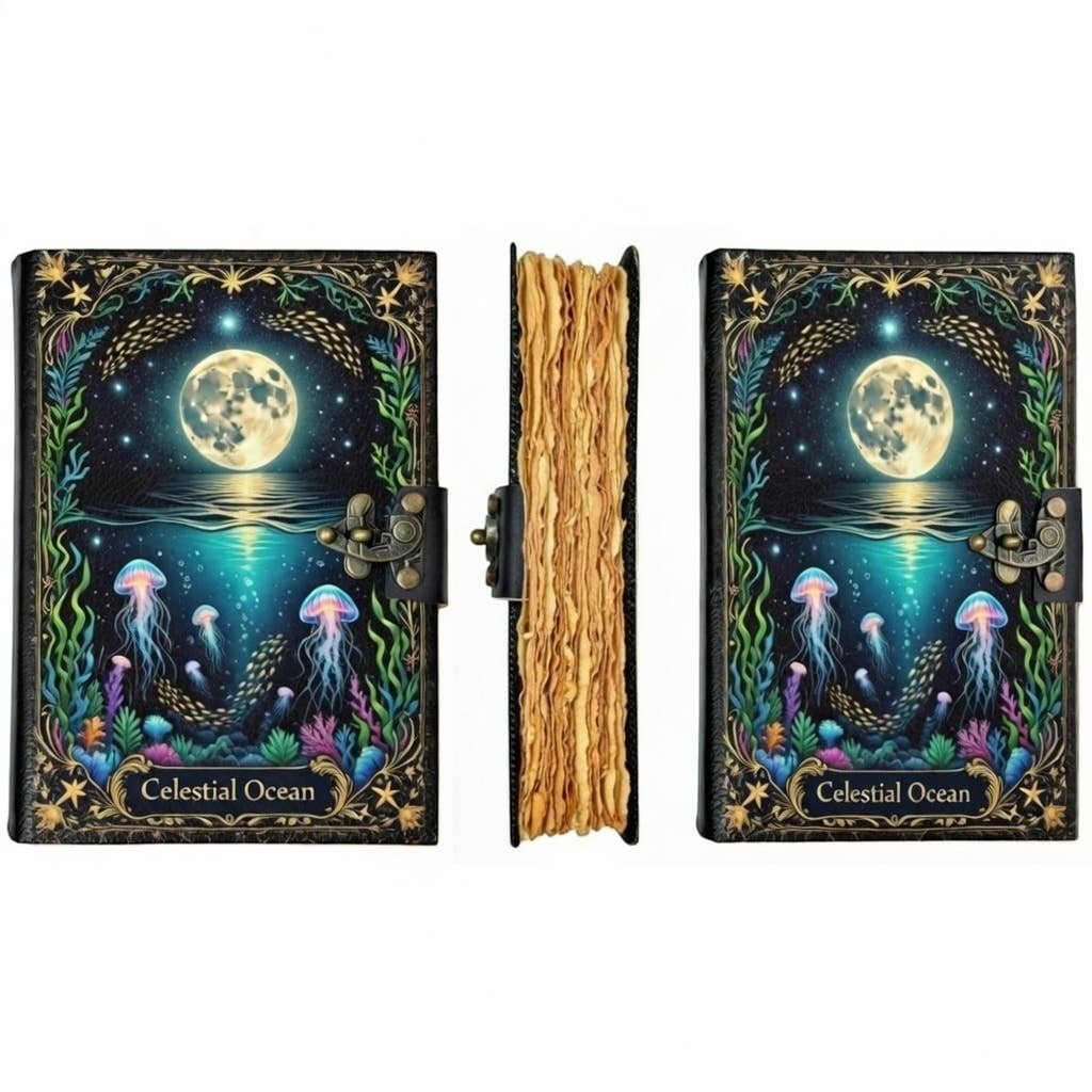 Mellow Monkey Celestial Ocean handmade leather journal with moonlit ocean scene, jellyfish, and brass clasp. 5x7 inches, 200 pages.