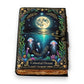 Mellow Monkey Celestial Ocean handmade leather journal with moonlit ocean scene, jellyfish, and ornate clasp. 5x7 inches.