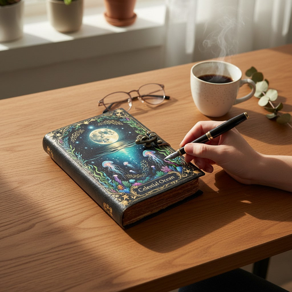 Mellow Monkey Celestial Ocean handmade leather spellbook with moonlit ocean scene and jellyfish, 5x7 inches.