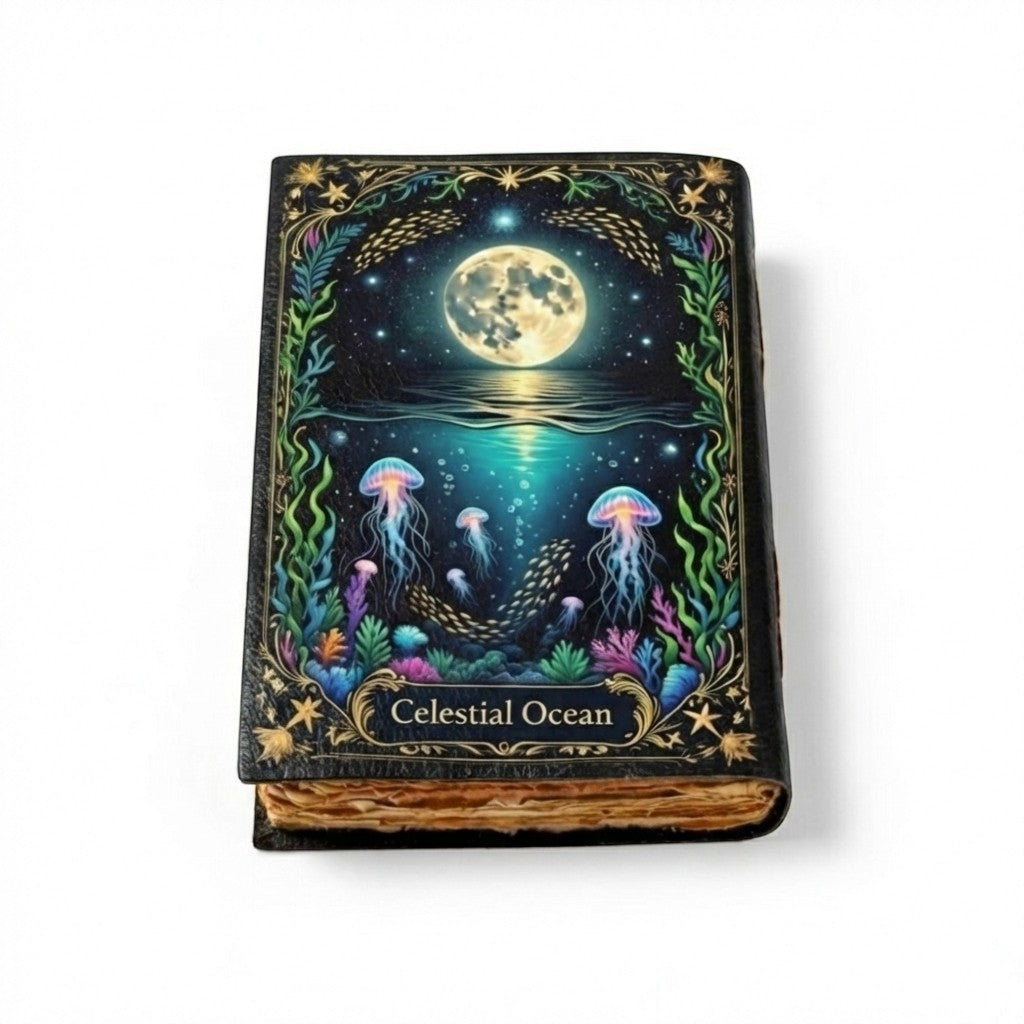 Mellow Monkey Celestial Ocean handmade vintage goat leather spellbook with moon and jellyfish design, 5x7 inches, 200 pages.
