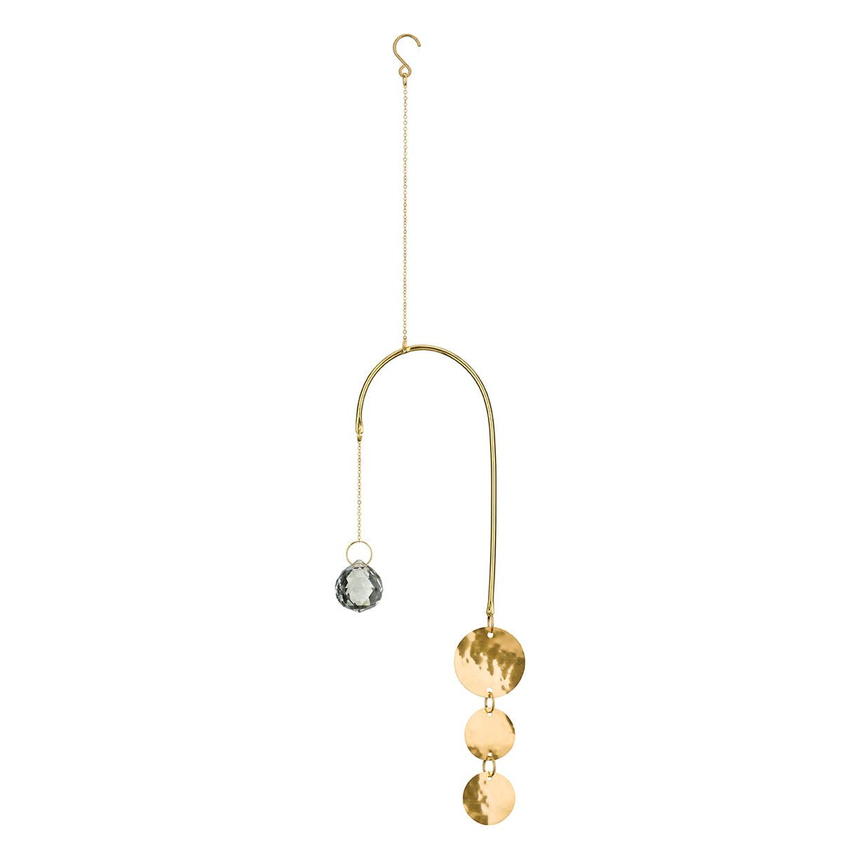 Mellow Monkey celestial pendulum suncatcher with a bronze wire frame, gold chain, and hanging crystal prism.
