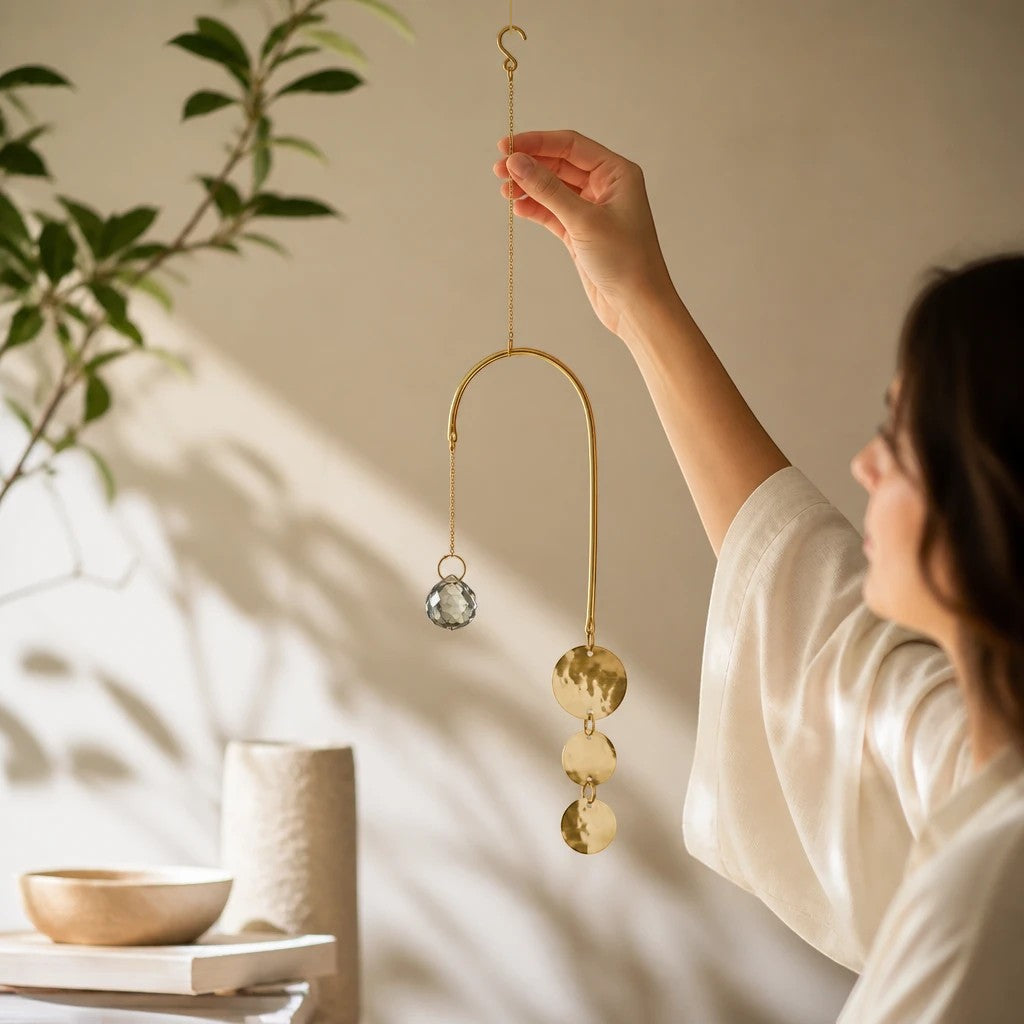 Mellow Monkey celestial pendulum suncatcher with bronze wire, gold chain, and hanging crystal in a sunlit room