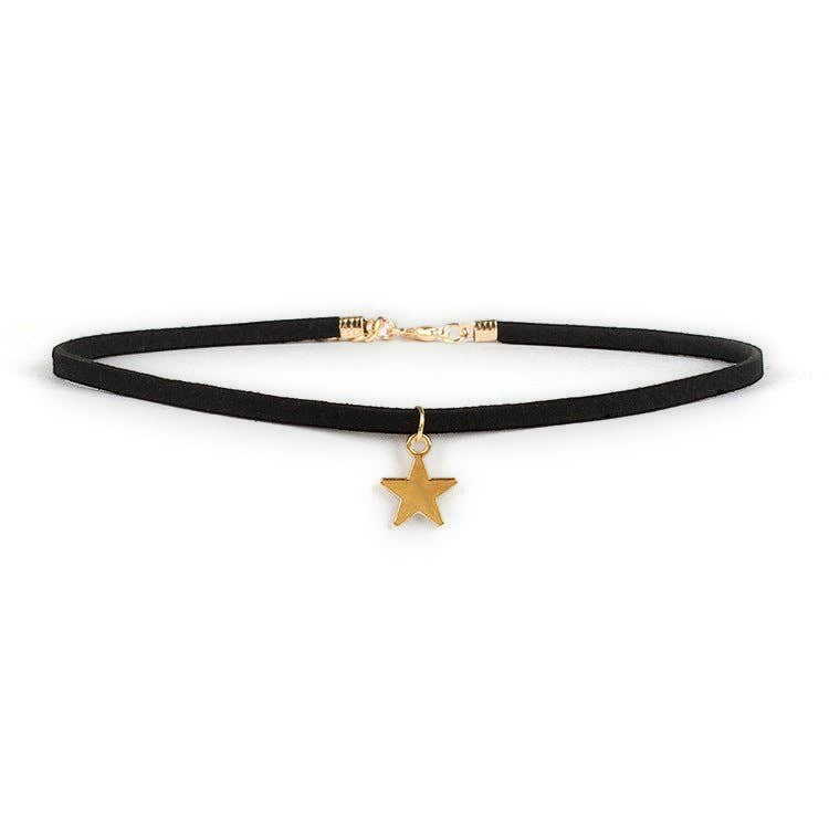Mellow Monkey black velvet choker necklace with a gold star charm, adjustable celestial style jewelry.