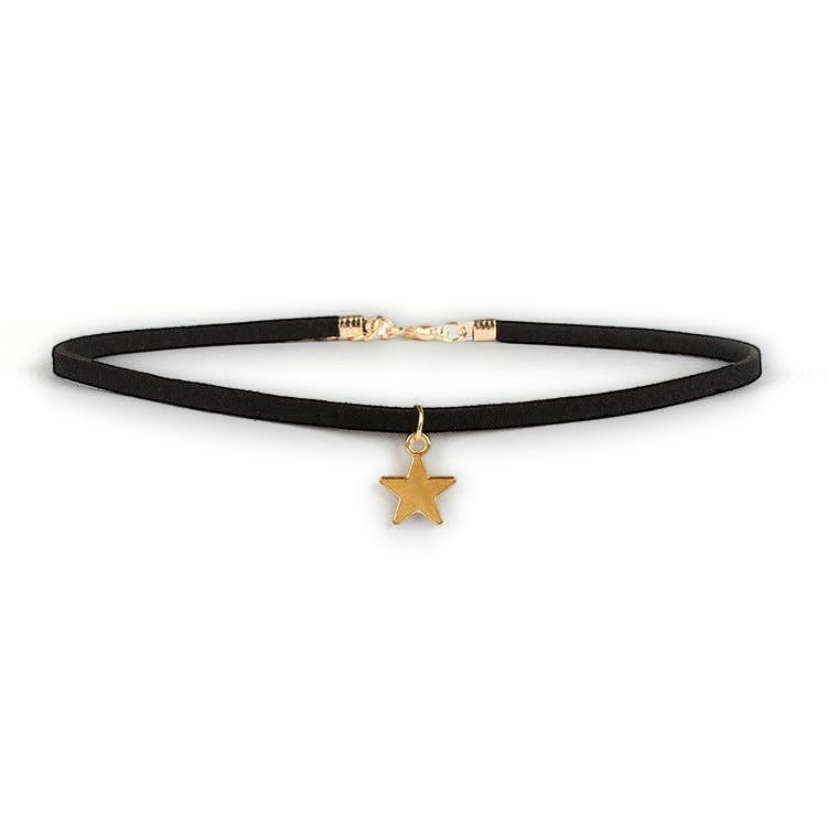 Mellow Monkey black velvet choker necklace featuring a polished gold-tone star charm for a chic celestial look.