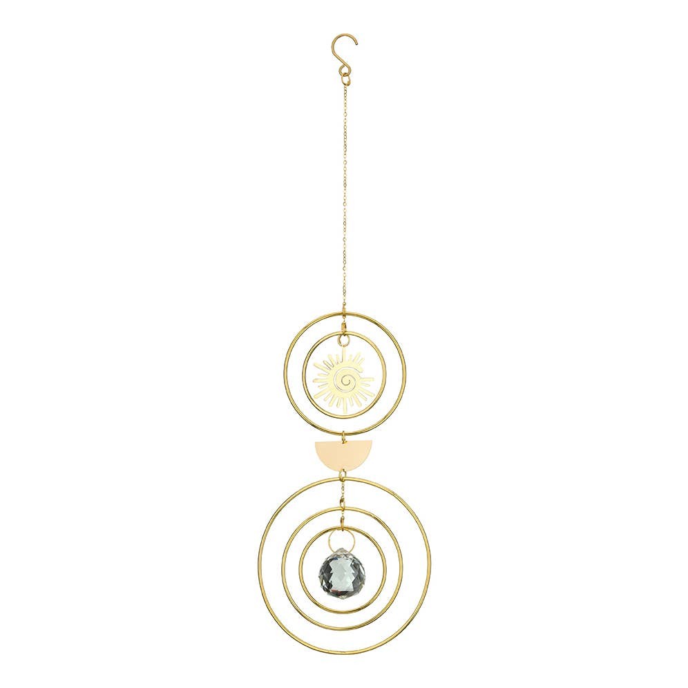 Mellow Monkey celestial sun ornament suncatcher with gold rings, bronze wire, and a hanging crystal prism