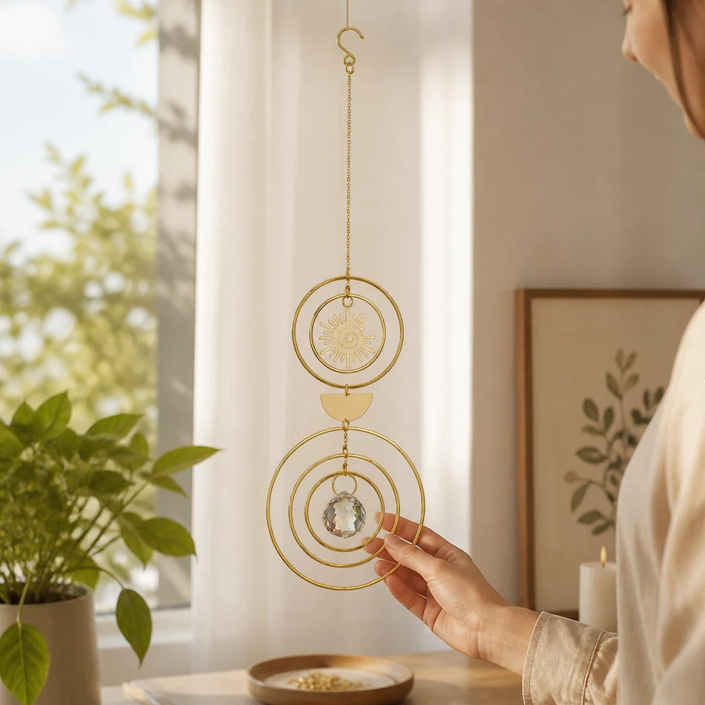 Mellow Monkey celestial suncatcher with gold rings, sun motif, and hanging crystal prism in a sunlit room.