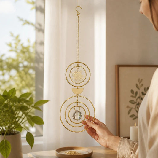 Mellow Monkey celestial suncatcher with gold rings, sun motif, and hanging crystal prism in a sunlit room.