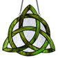 Mellow Monkey Trinity Knot stained glass window panel in emerald green and clear textured glass with hanging chain.