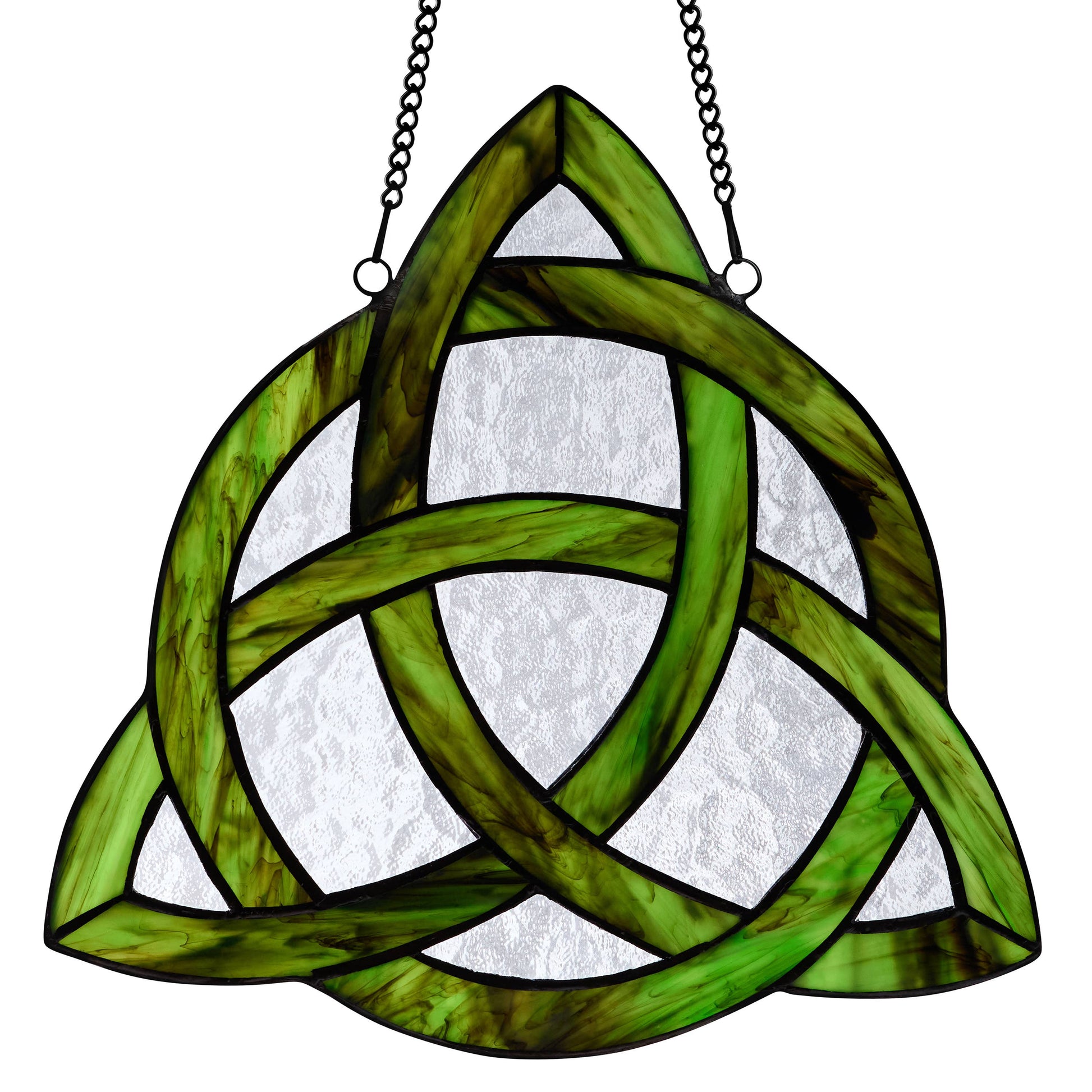 Mellow Monkey Trinity Knot stained glass window panel in emerald green and clear textured glass with hanging chain.