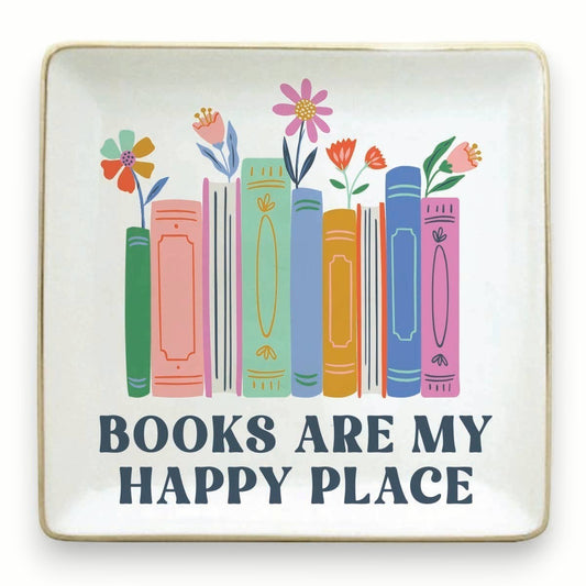 Mellow Monkey Ceramic Book Lover Trinket Tray with colorful books and flowers, reads "Books are my happy place".