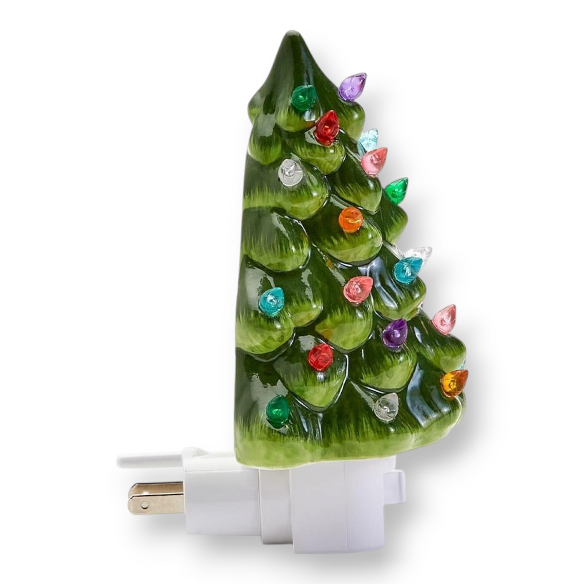 Mellow Monkey vintage-style green ceramic Christmas tree nightlight with multi-colored bulb accents and swivel plug