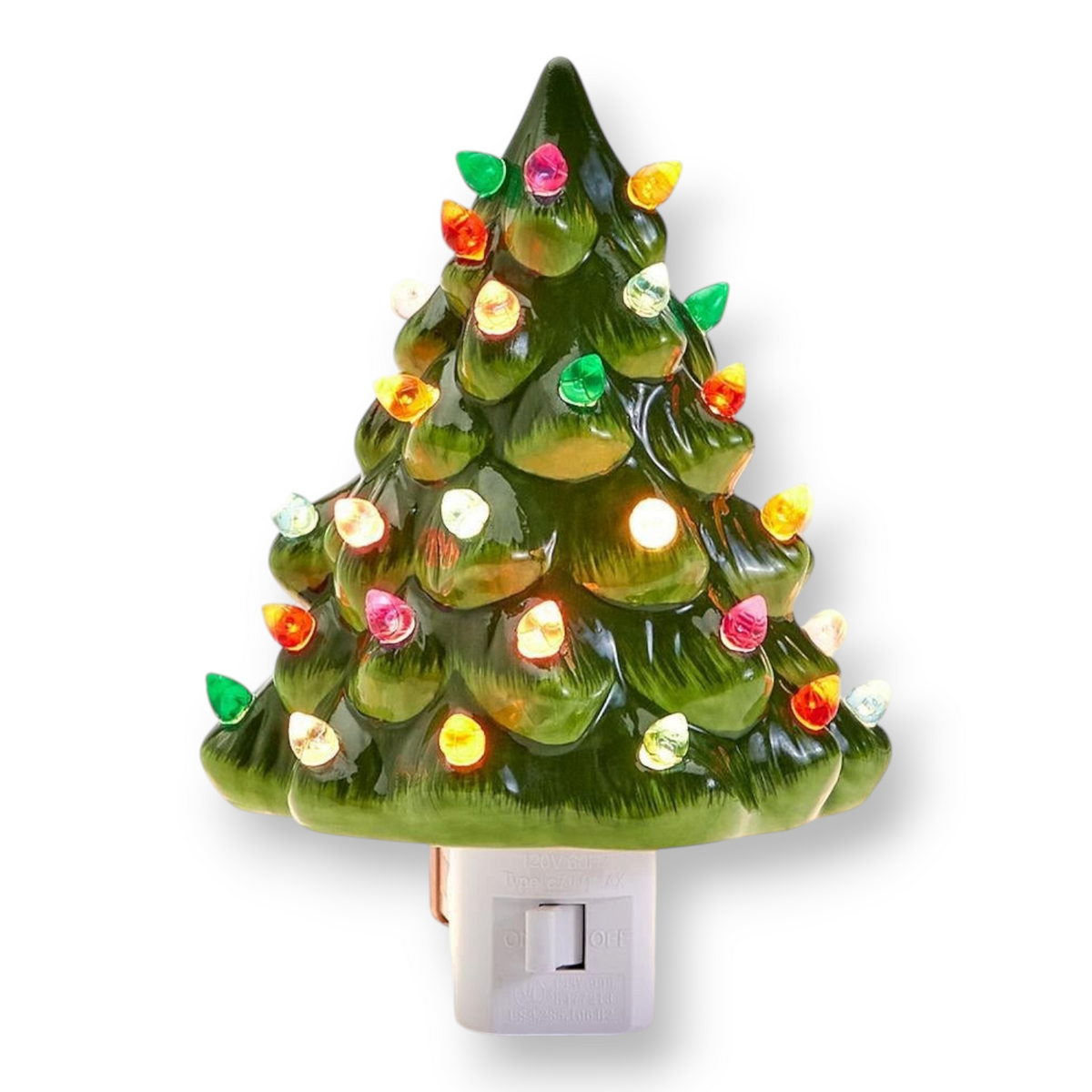 Mellow Monkey vintage-style green ceramic Christmas tree nightlight with colorful glowing bulbs and adjustable plug.