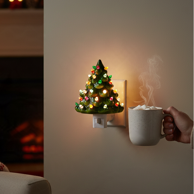 Mellow Monkey vintage-style ceramic Christmas tree nightlight with colorful bulbs glowing on a wall near a cozy chair.
